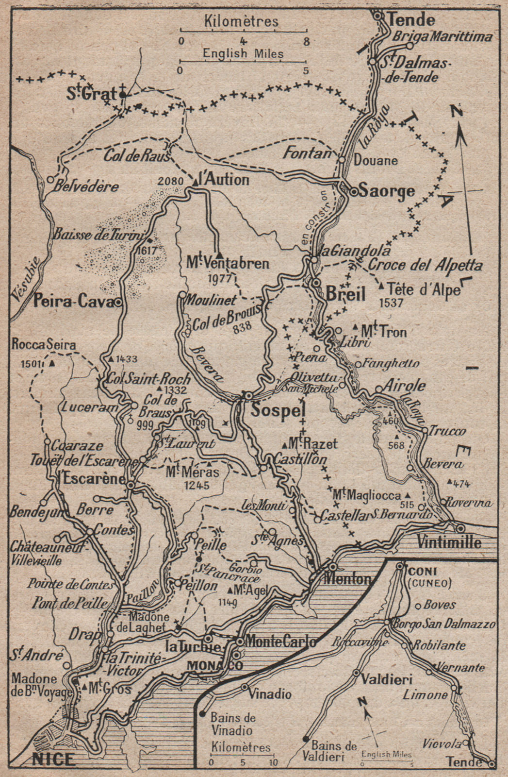 MERCANTOUR. Sospel Tende Peira-Cava Nice Monaco Menton. Alpes-Maritimes 1925 map